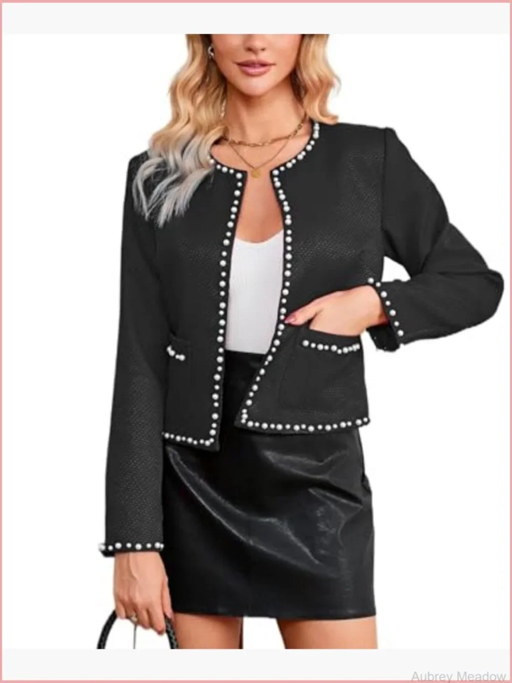 Cropped Tweed Blazer Jacket Long Sleeve Open Front Pearl Trim Fall Outfit